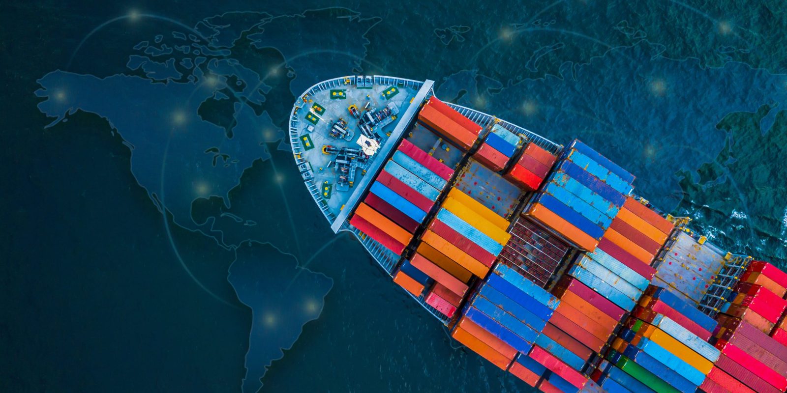 Aerial view container ship with world map digital network, Global business company supply chain logistic freight shipping import export transportation container cargo worldwide.
